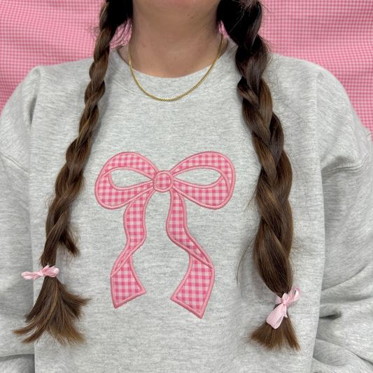 Pink Gingham Bow Applique Embroidered Crewneck