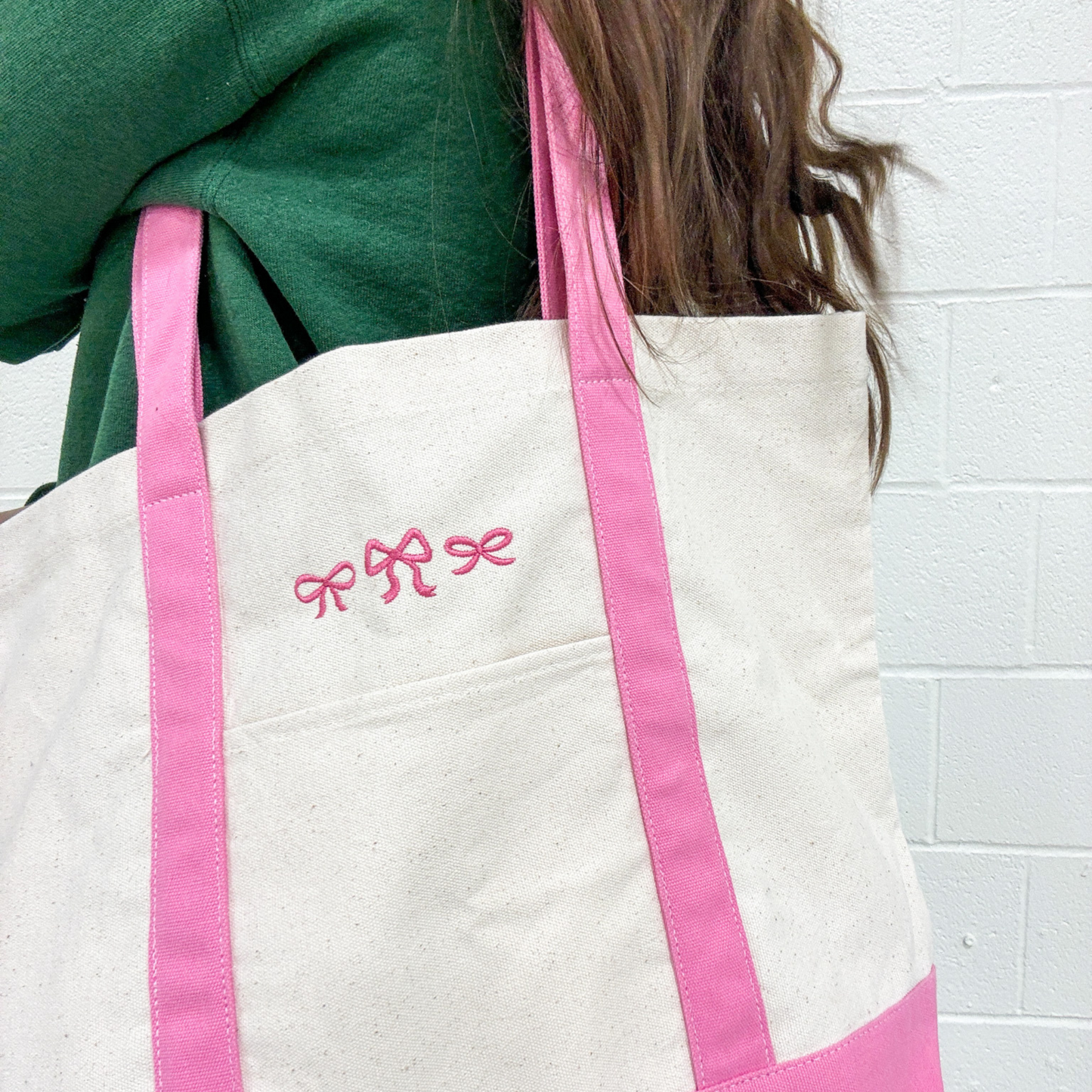 Pink Bow Embroidered Canvas Tote Bag