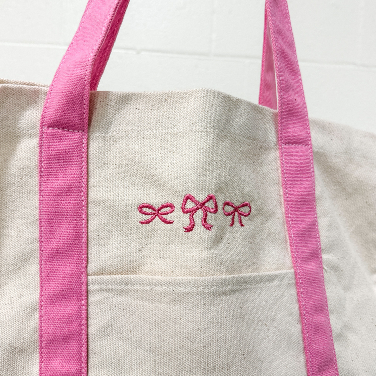 Pink Bow Embroidered Canvas Tote Bag