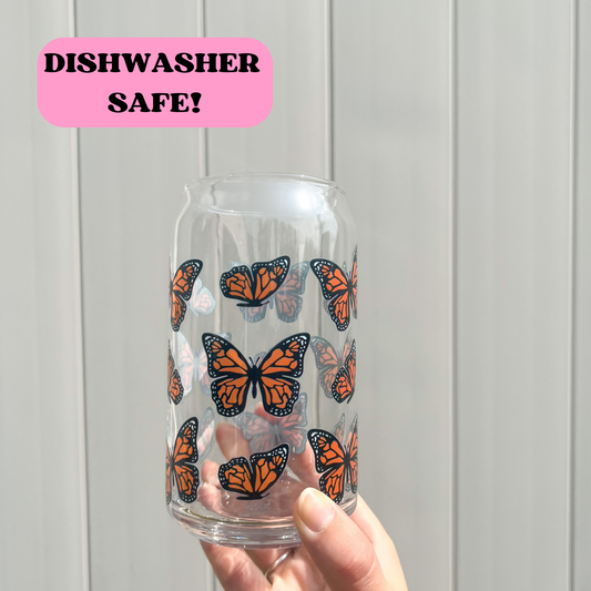 16 oz Orange Butterfly Glass Cup