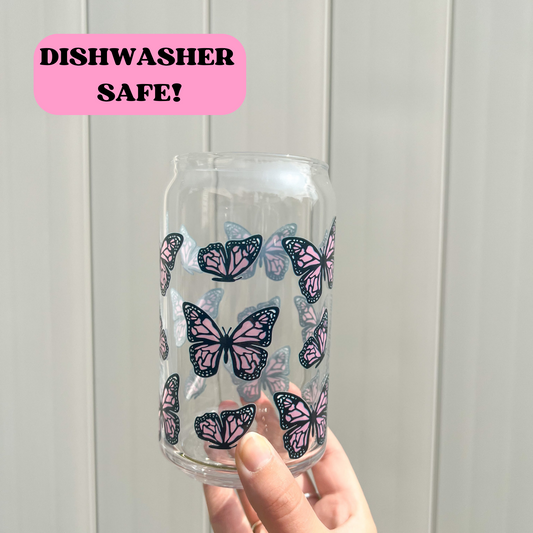16 oz Pink Butterfly Glass Cup